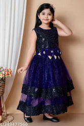 Stylish printed double-layered ankle-length gown dresses in Maroon, Navy Blue, Bottle Green, and Purple for 2-7 year old girls - premium comfortable super net fabric